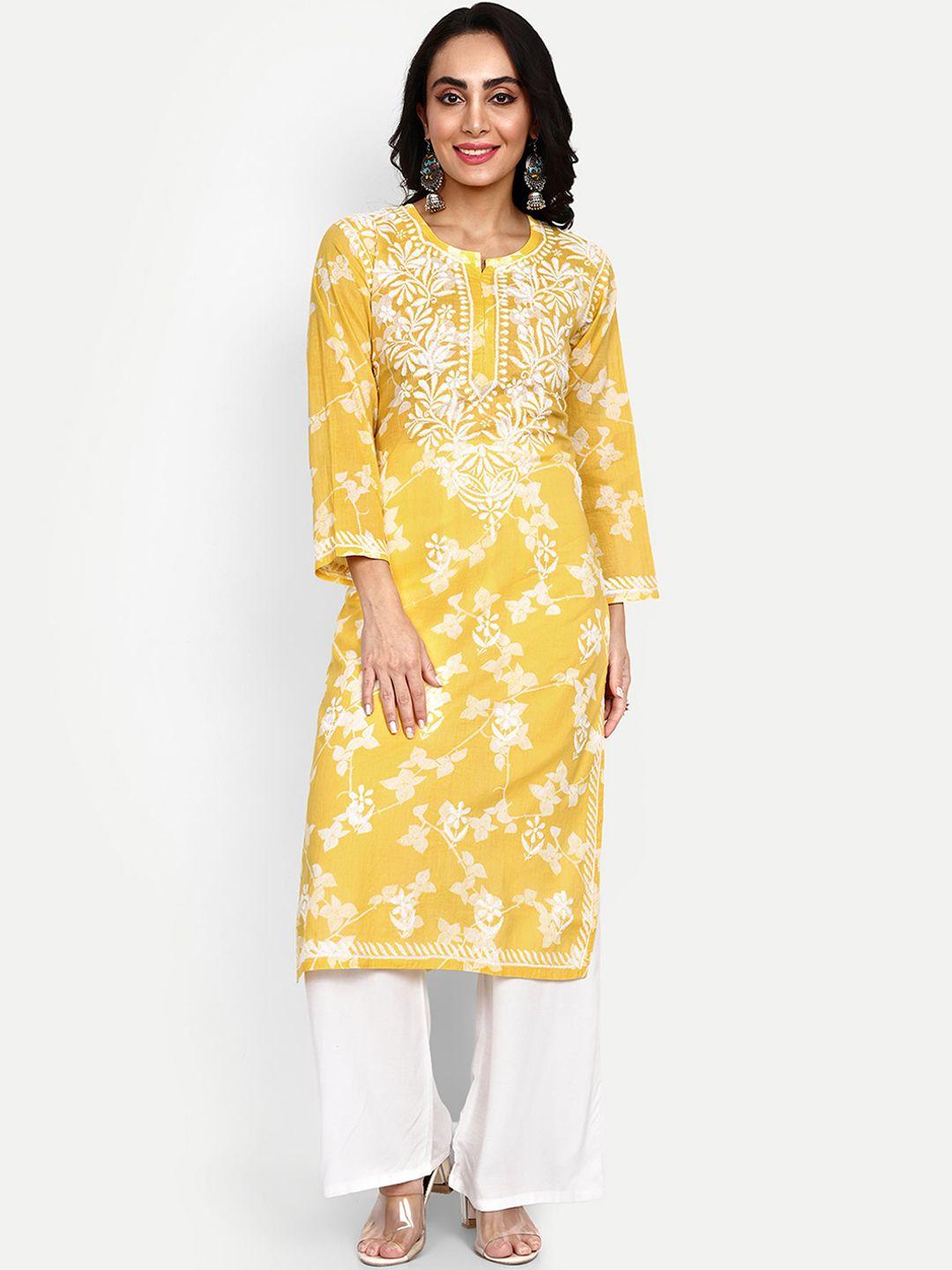 indiankala4u floral printed chikankari regular cotton kurta