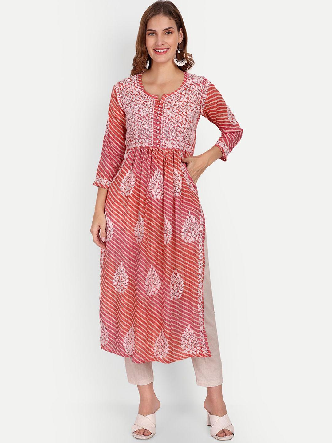 indiankala4u leheriya printed notched neck chikankari kurta