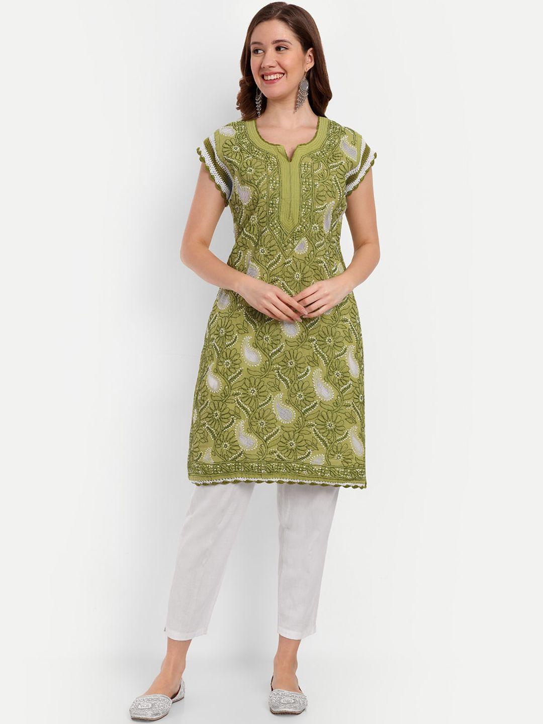 indiankala4u notched neck floral embroidered chikankari cotton kurta