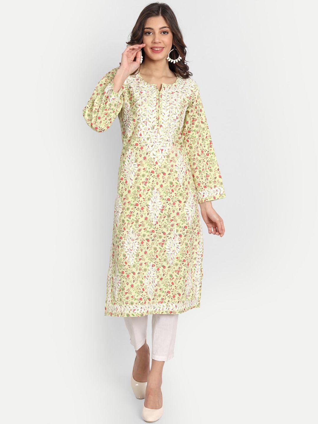 indiankala4u notched neck floral printed thread work pure cotton chikanakri kurta