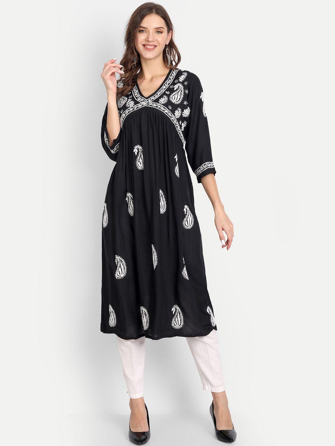 indiankala4u paisley embroidered v neck chikankari a-line kurta