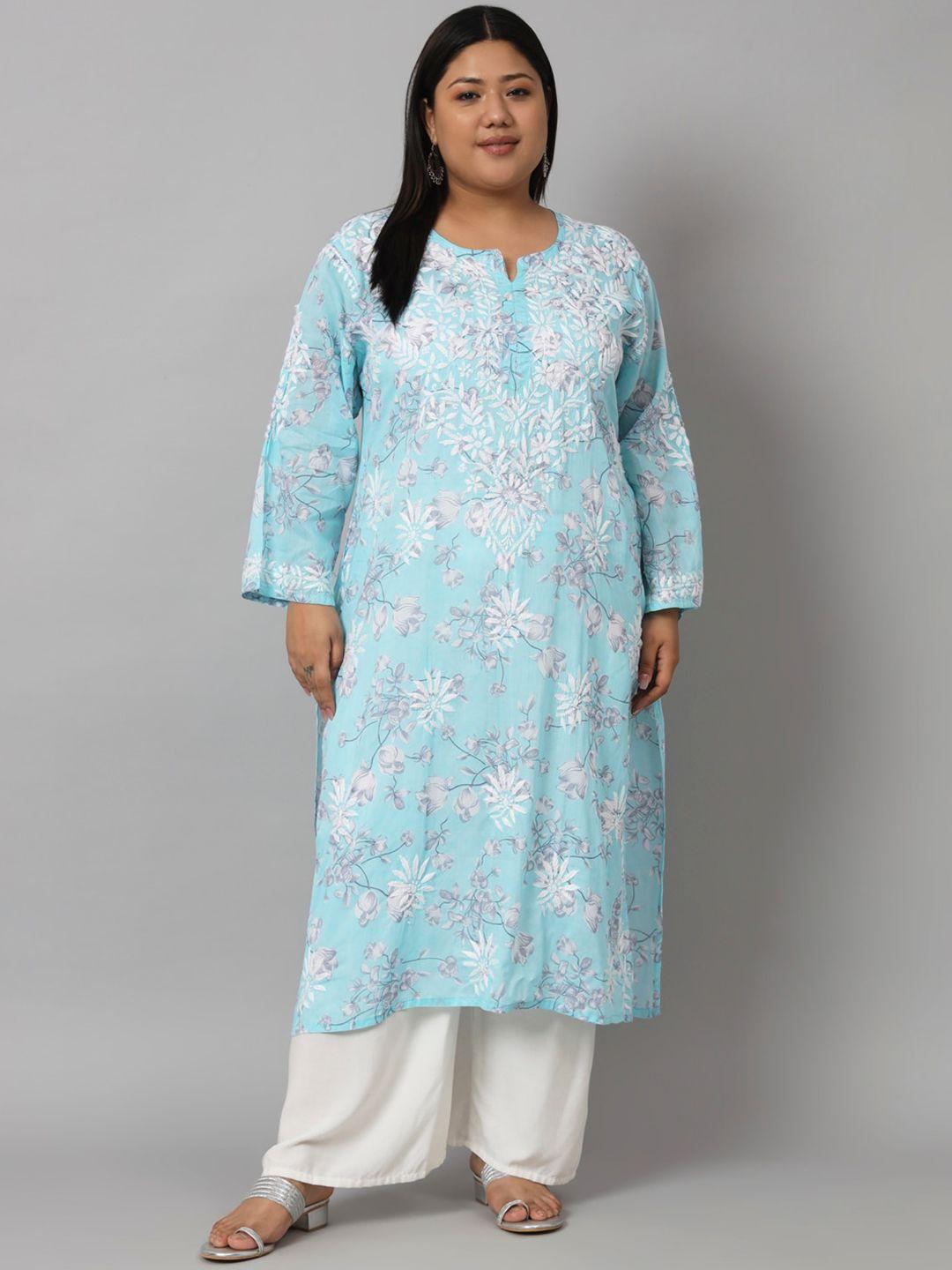 indiankala4u plus size floral embroidered chikankari pure cotton kurta