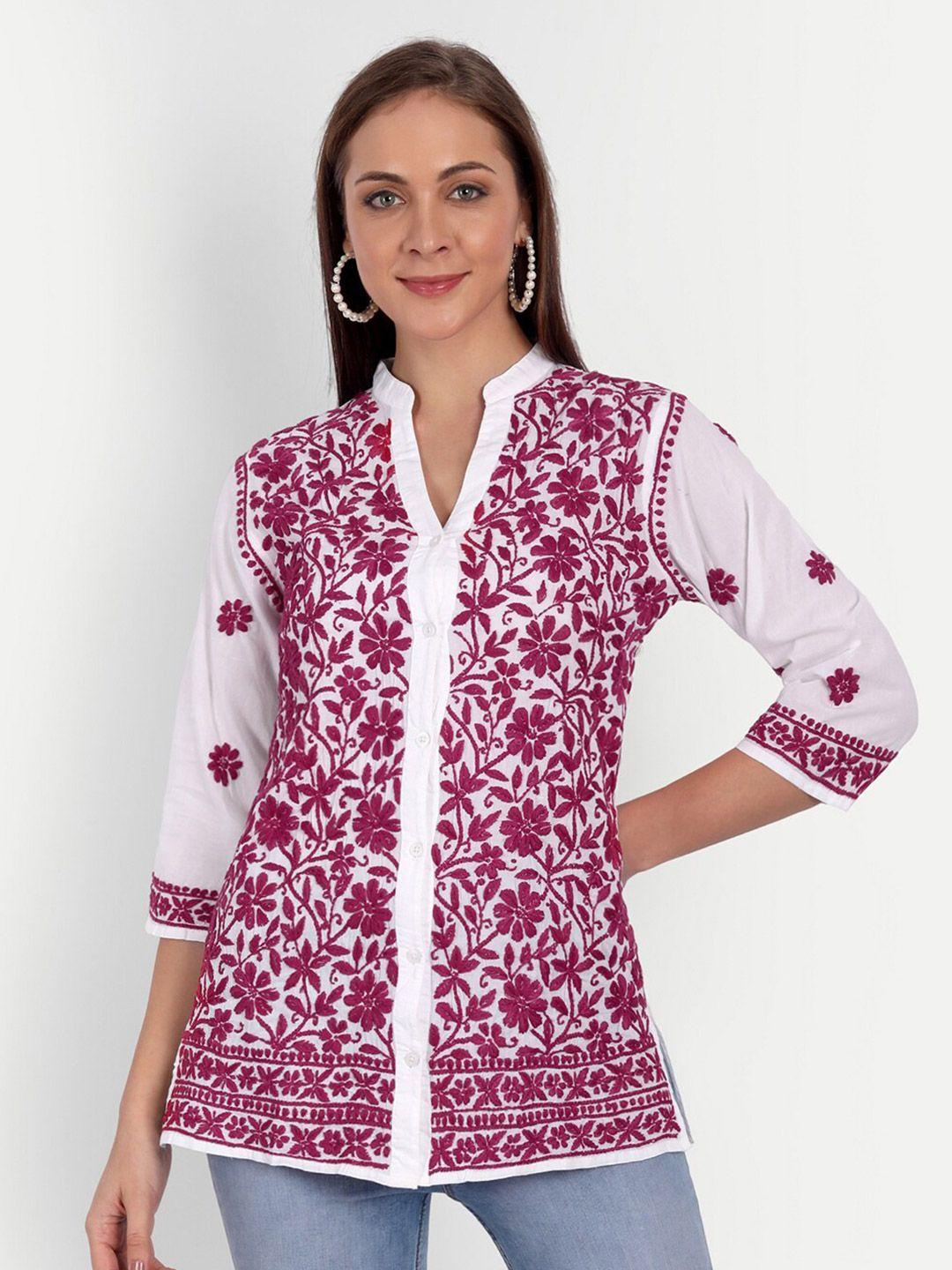 indiankala4u white & maroon floral embroidered mandarin collar pure cotton shirt style top