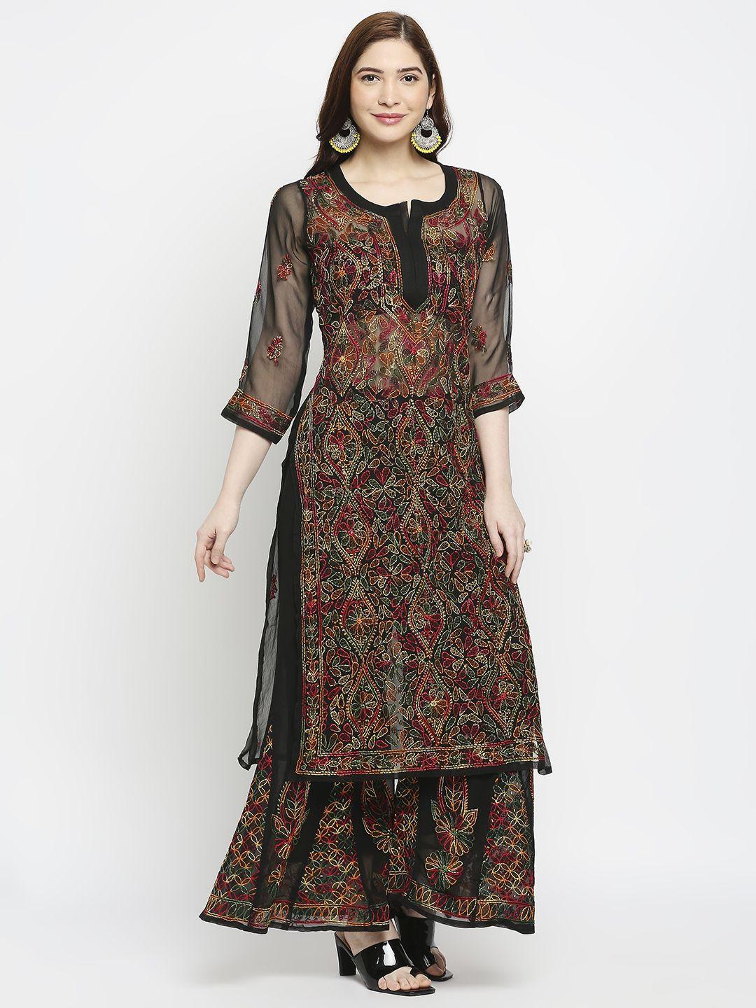 indiankala4u women black floral embroidered chikankari kurta with sharara