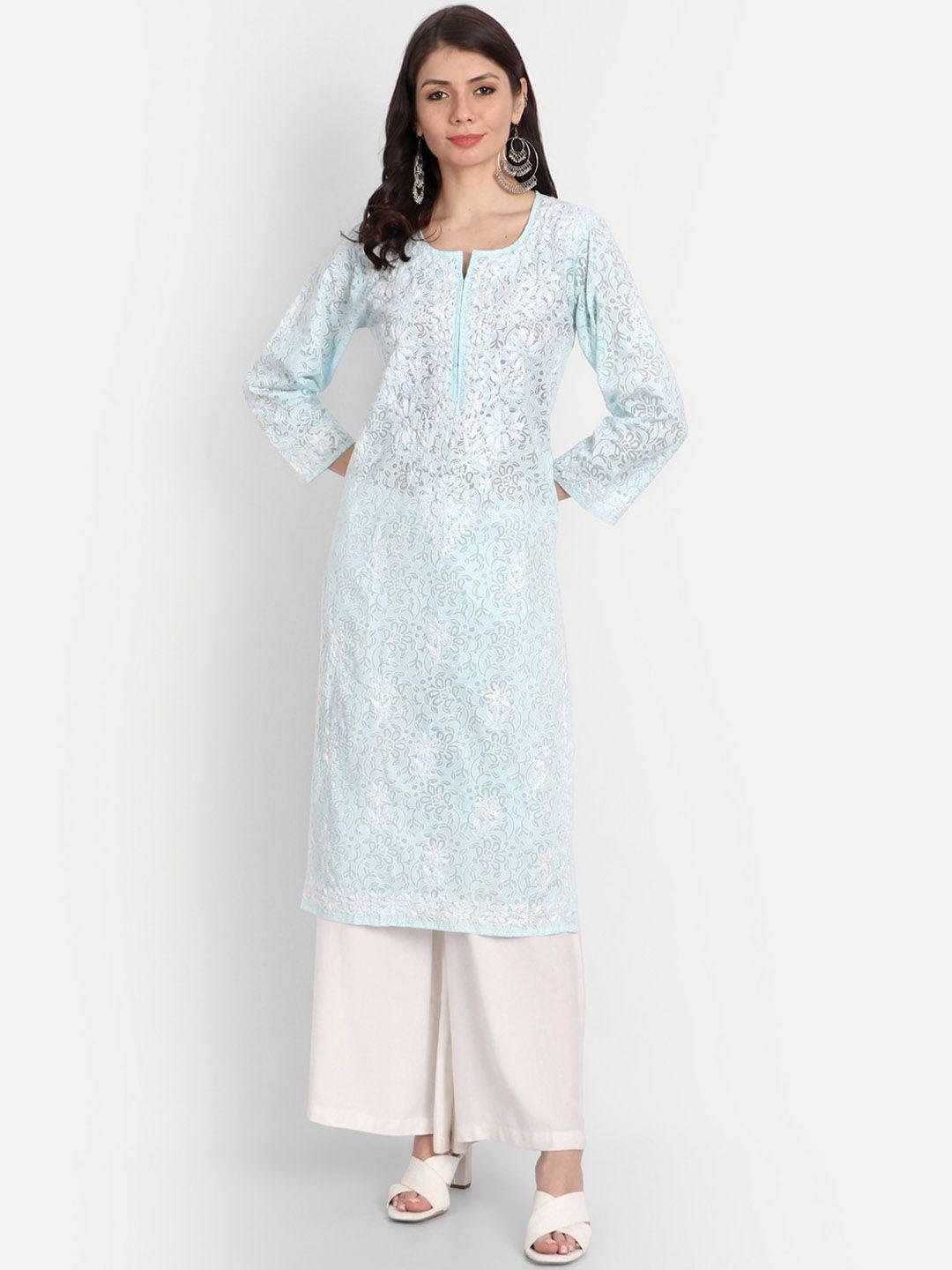 indiankala4u women blue & white chikankari embroidered kurta