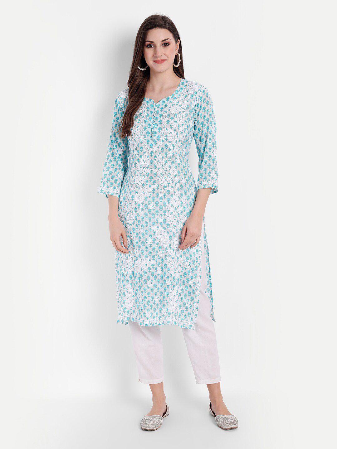 indiankala4u women blue & white floral embroidered kurta