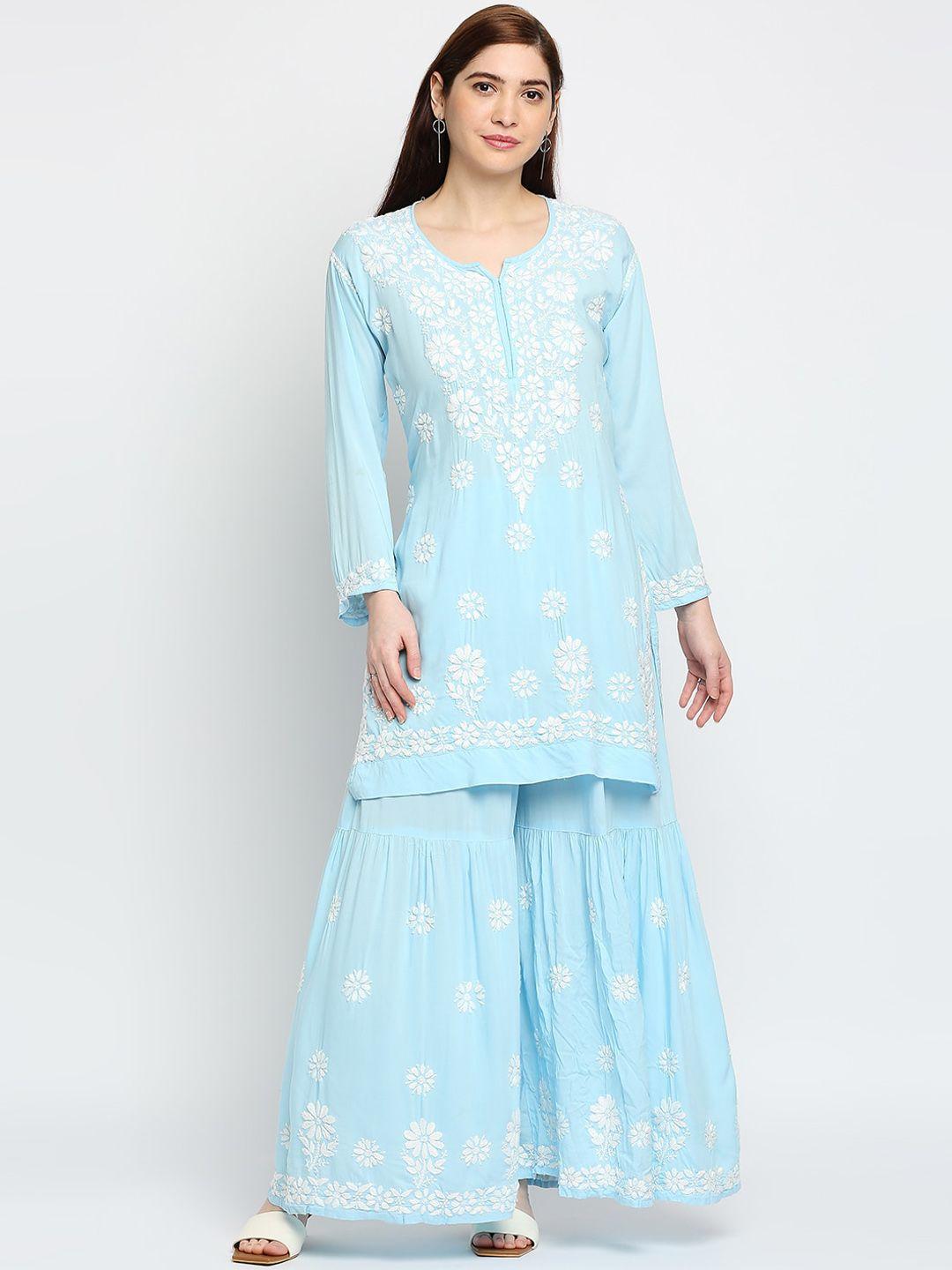 indiankala4u women blue chikankari embroidered modal cotton kurta sharara set