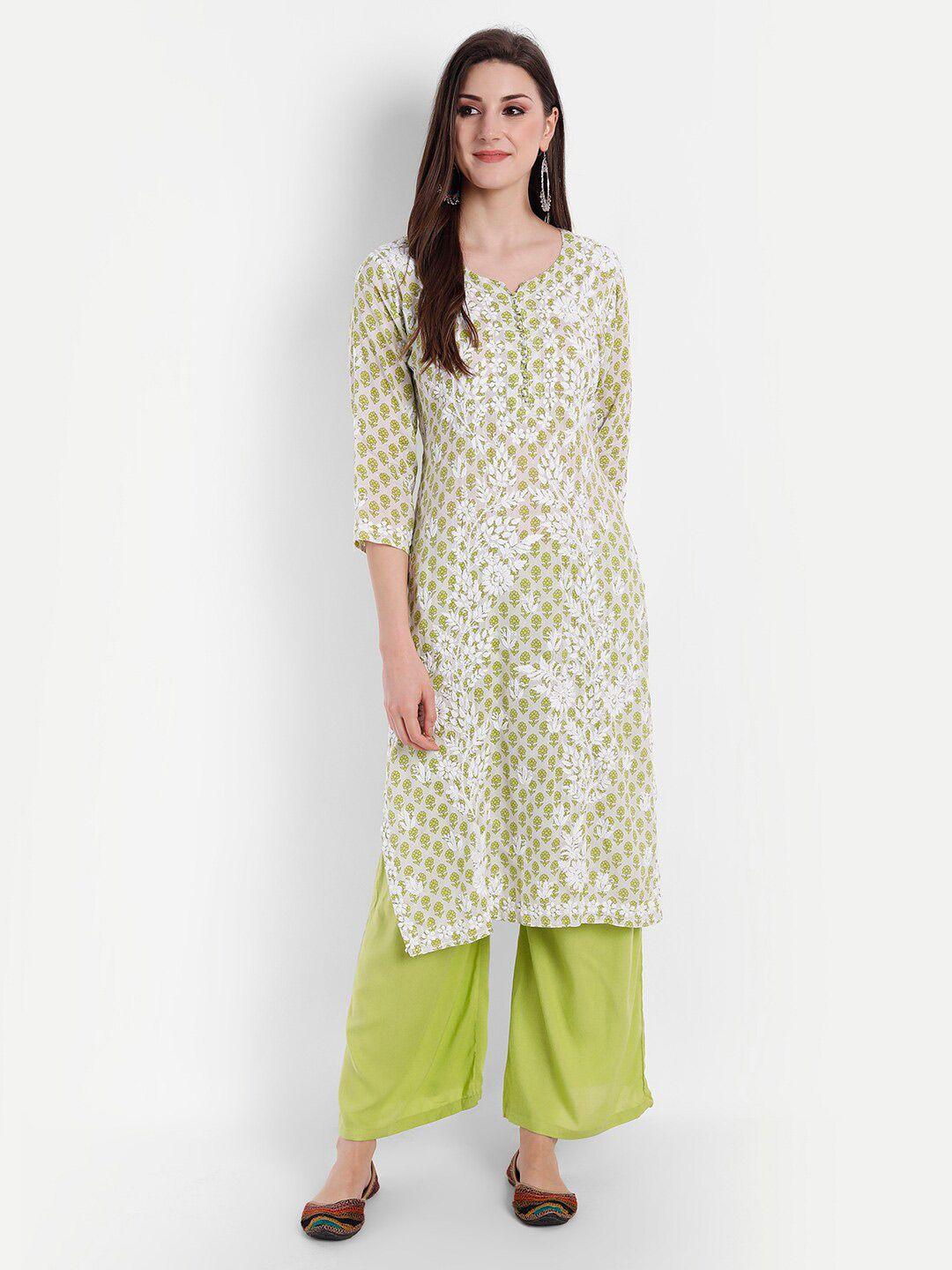 indiankala4u women green & white ethnic motifs hand embroidered chikankari straight kurta