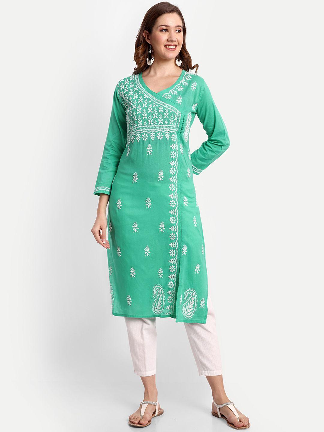 indiankala4u women green ethnic motifs embroidered chikankari kurta