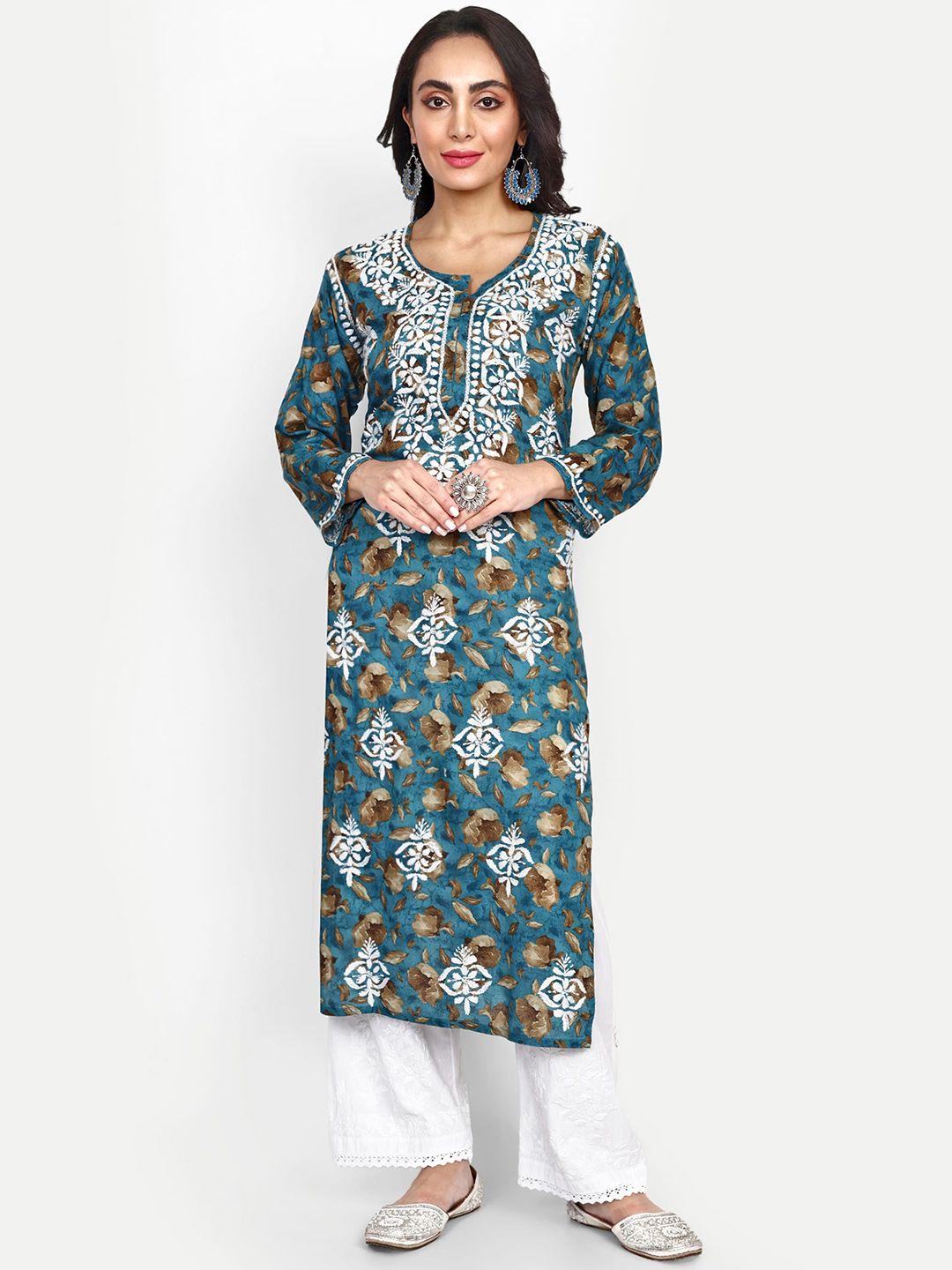 indiankala4u women green ethnic motifs printed thread work floral handloom kurta