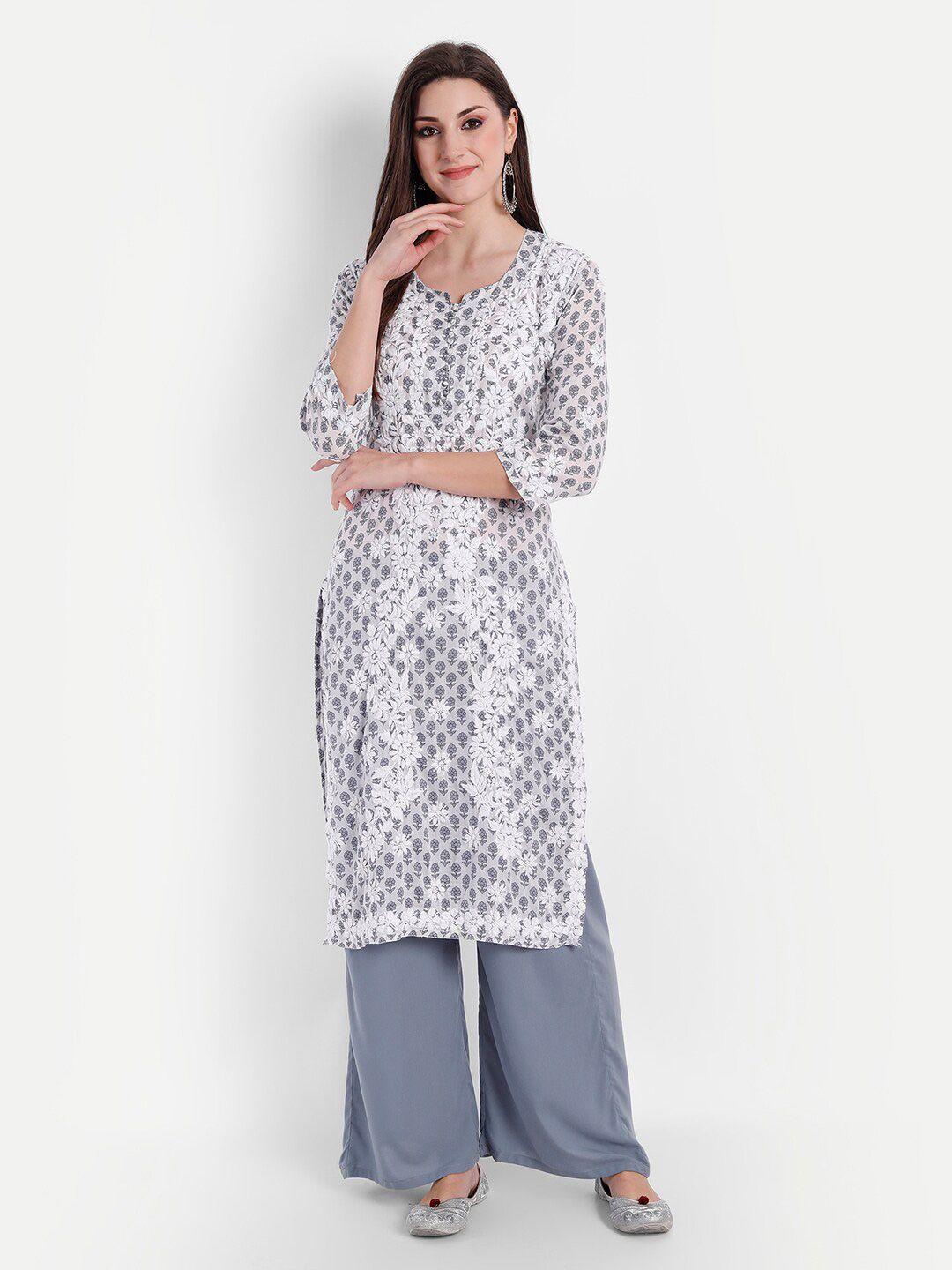 indiankala4u women grey & white floral printed embroidered kurta