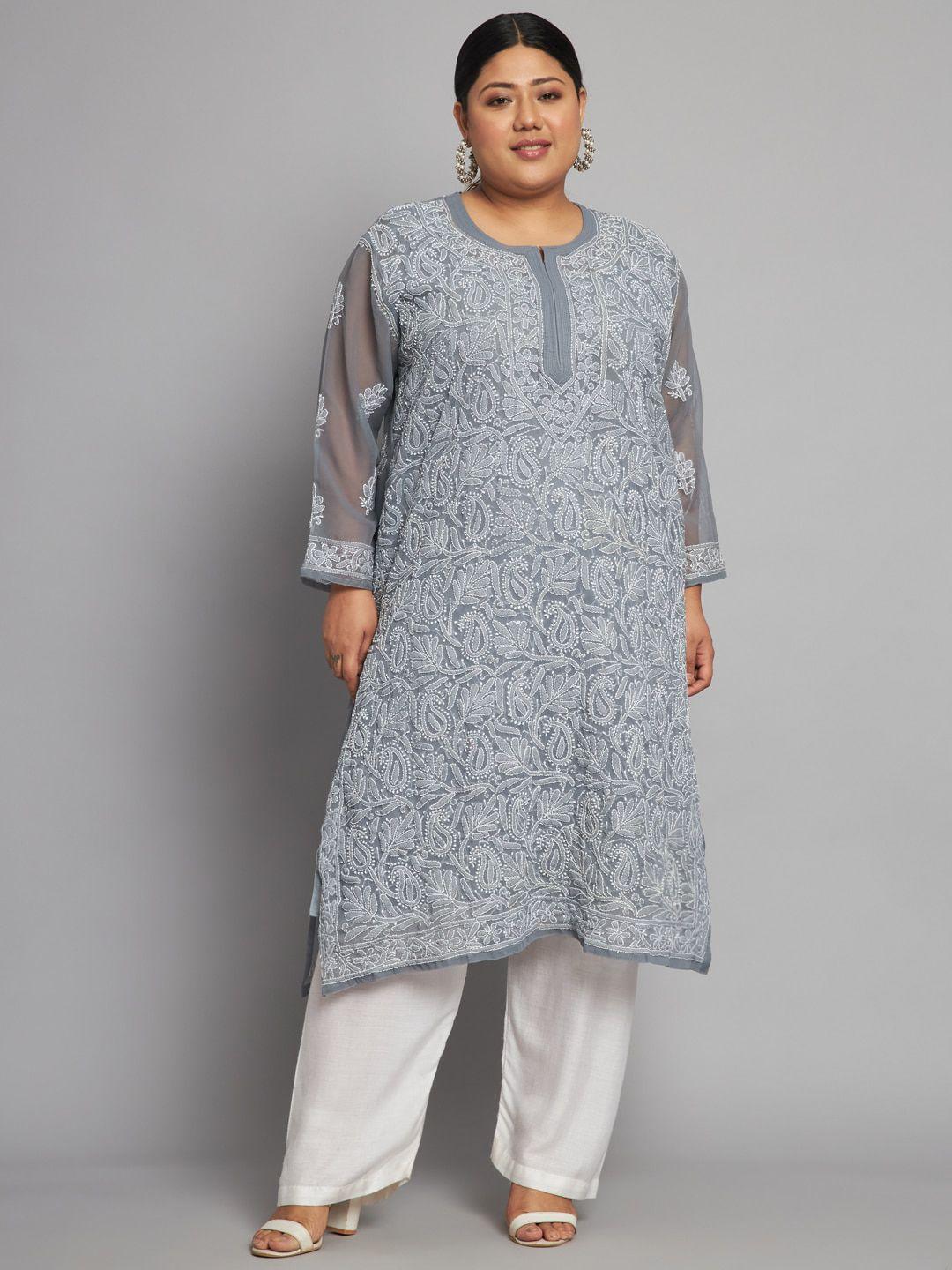 indiankala4u women grey ethnic motifs embroidered flared sleeves chikankari georgette kurta