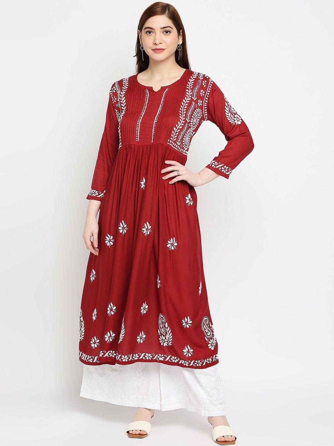 indiankala4u women maroon ethnic motifs embroidered chikankari anarkali kurta