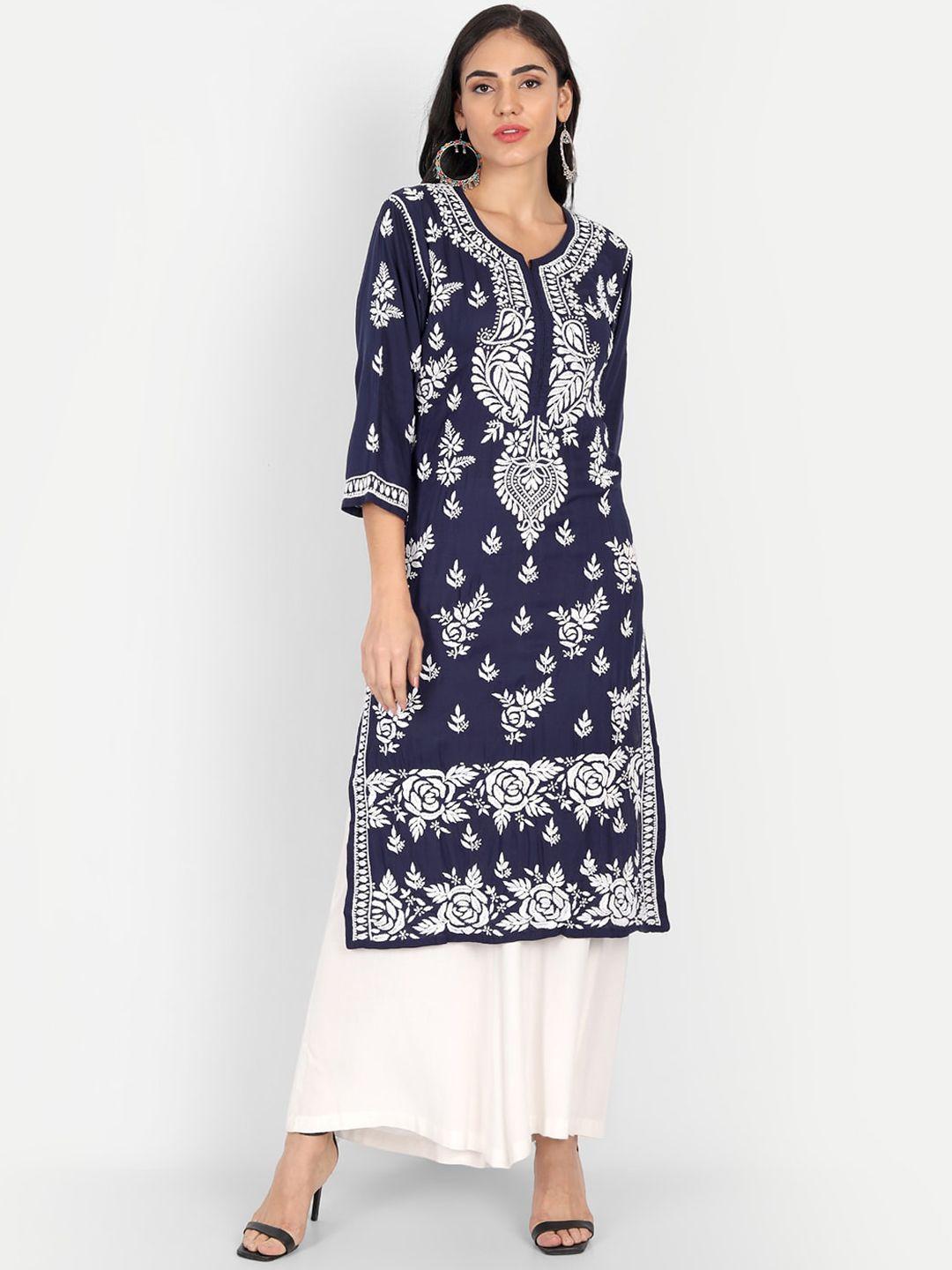 indiankala4u women navy blue & white ethnic motifs embroidered chikankari kurta