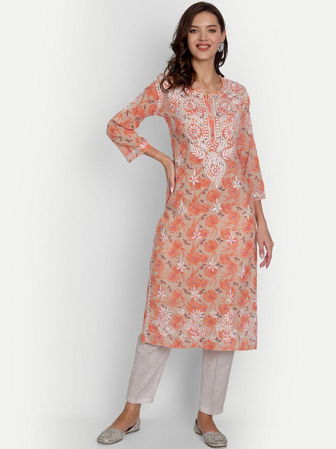 indiankala4u women orange floral printed thread work kurta