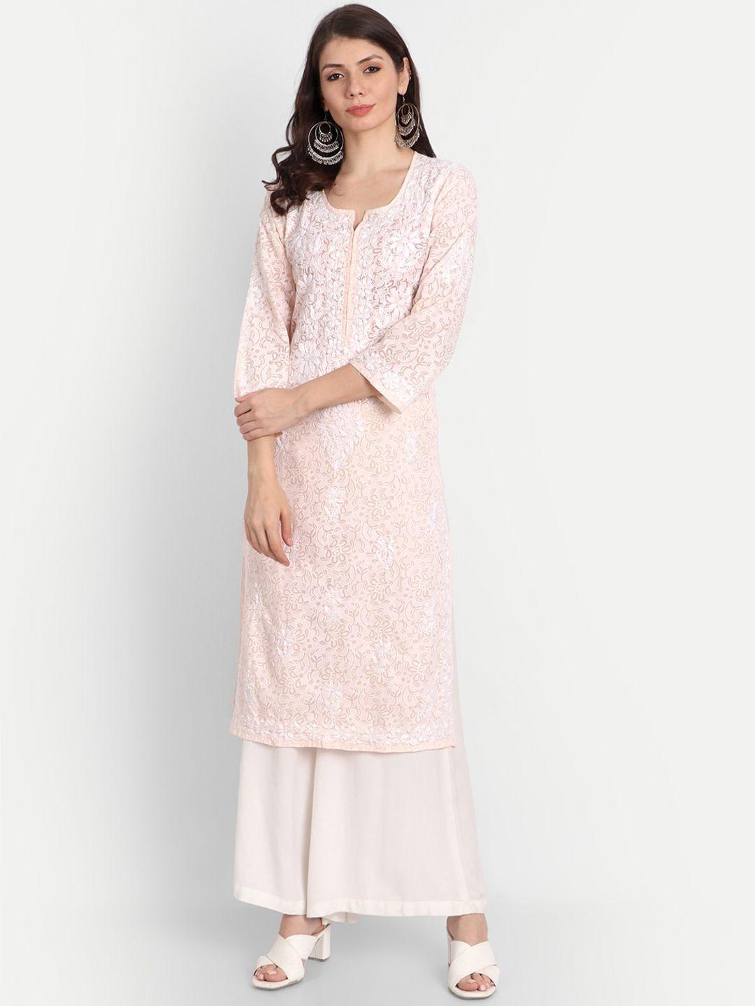 indiankala4u women peach-coloured floral embroidered chikankari kurta