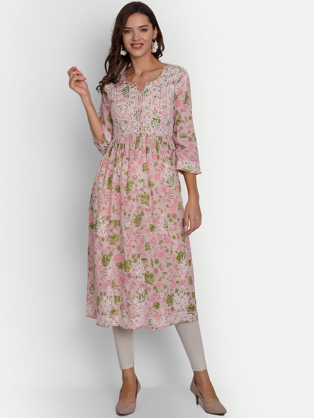 indiankala4u women peach-coloured floral embroidered kurta