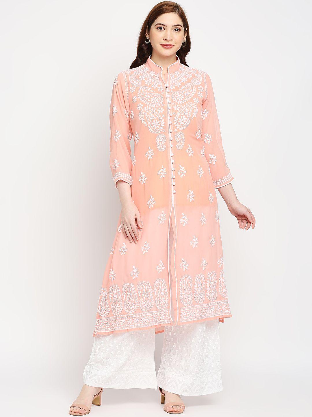 indiankala4u women peach floral embroidered chikankari georgette kurta