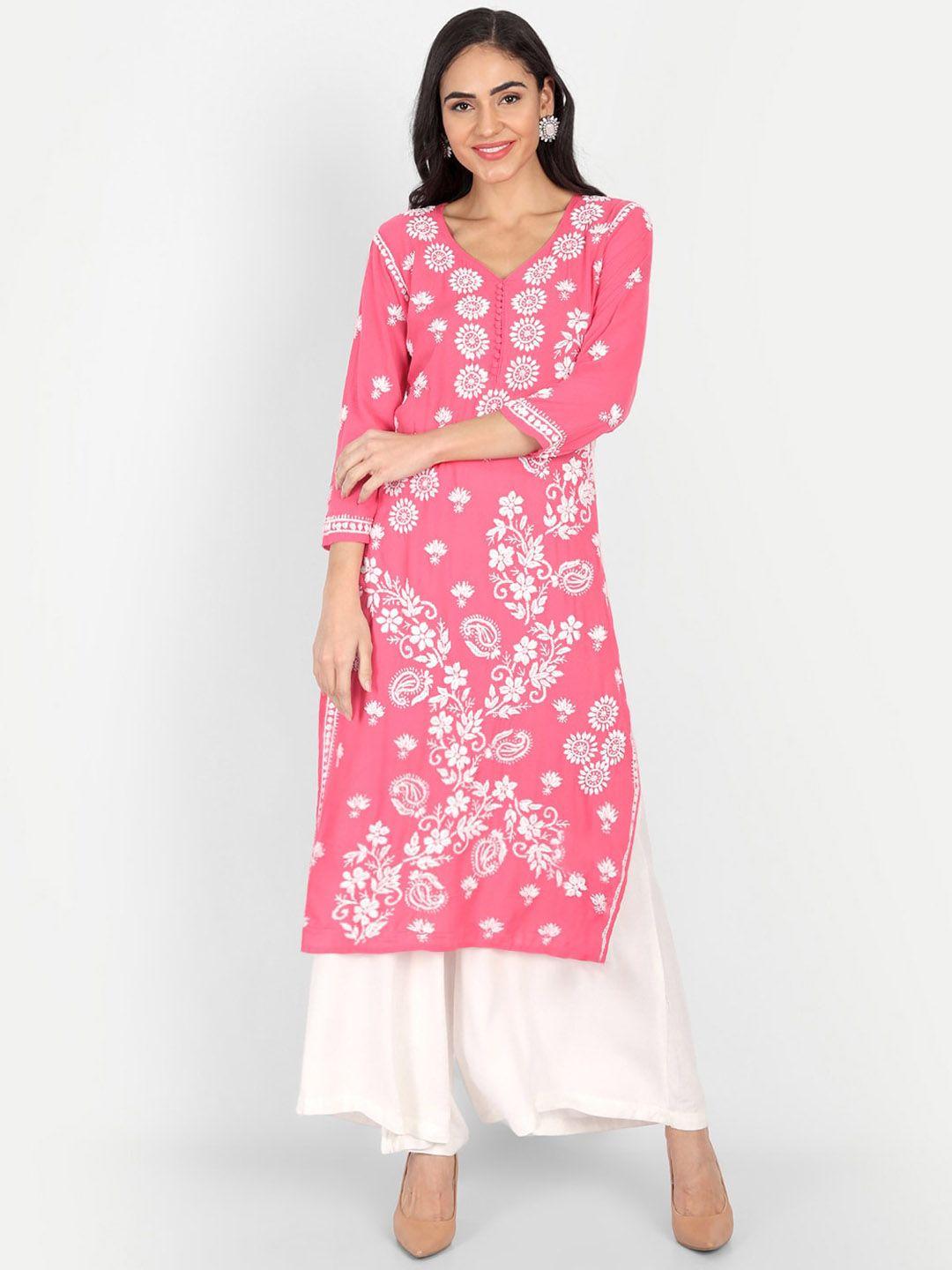 indiankala4u women pink & white floral embroidered chikankari kurta