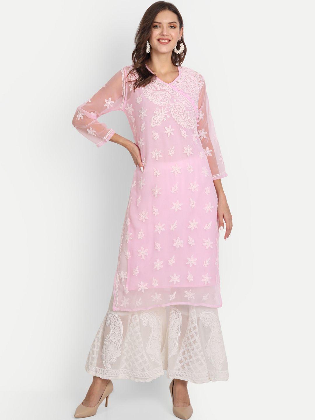 indiankala4u women pink ethnic motifs embroidered chikankari kurta with palazzos