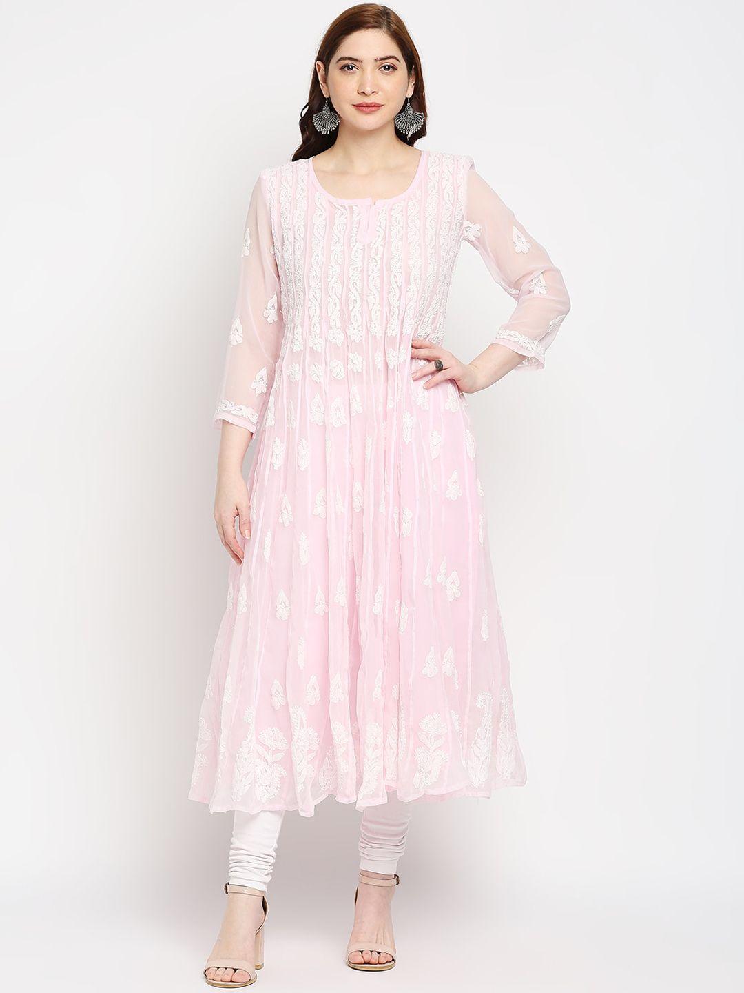 indiankala4u women pink floral embroidered chikankari anarkali kurta