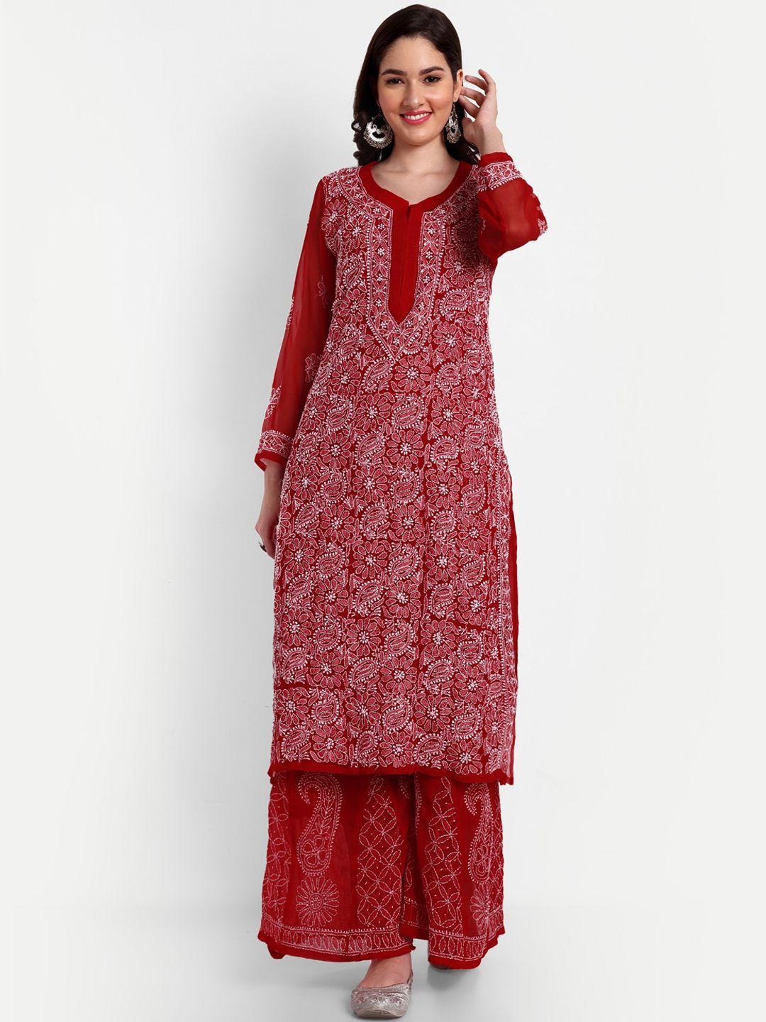 indiankala4u women red paisley embroidered regular chikankari kurta with sharara