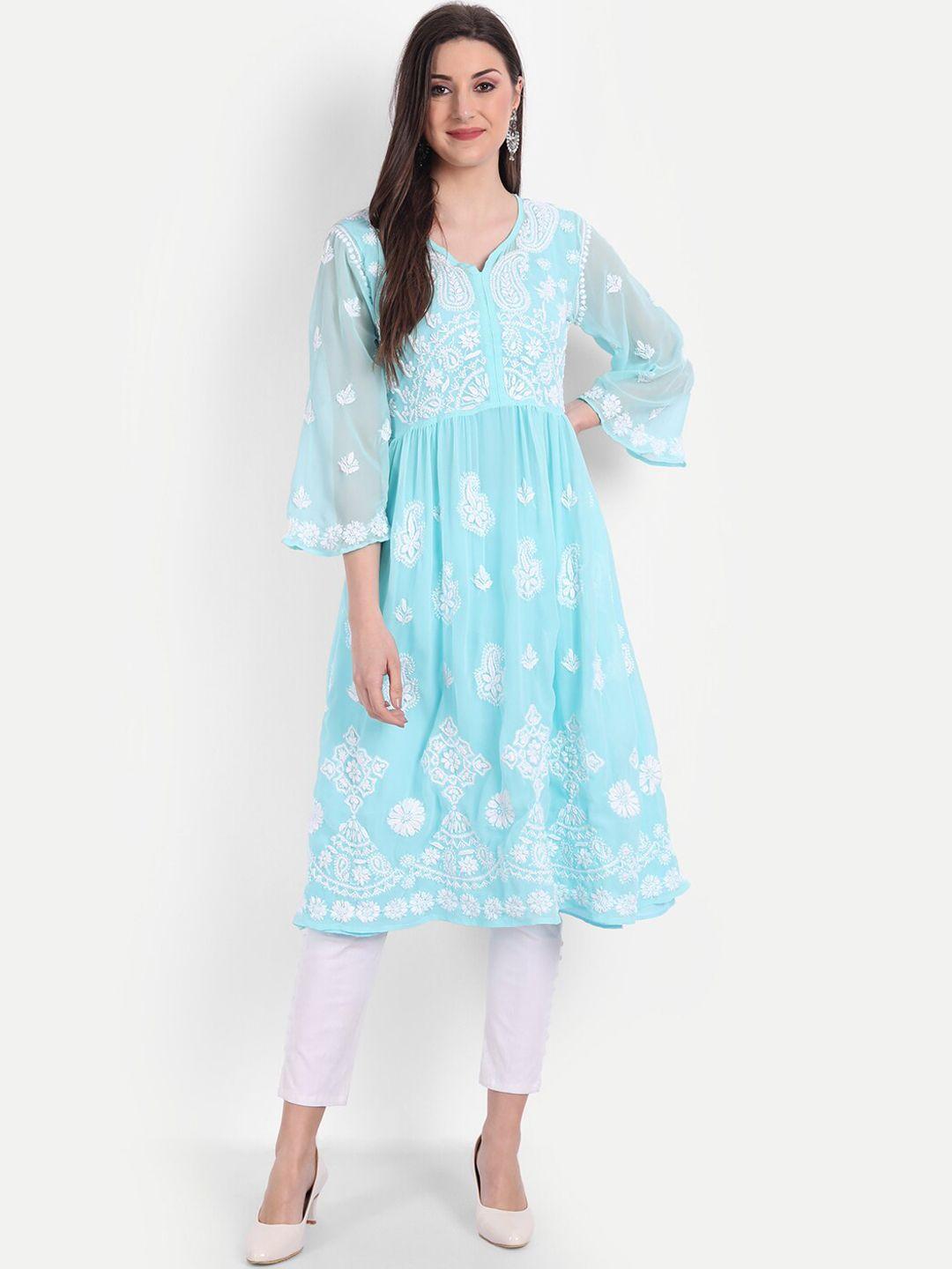 indiankala4u women sea green chikankari embroidered kurta