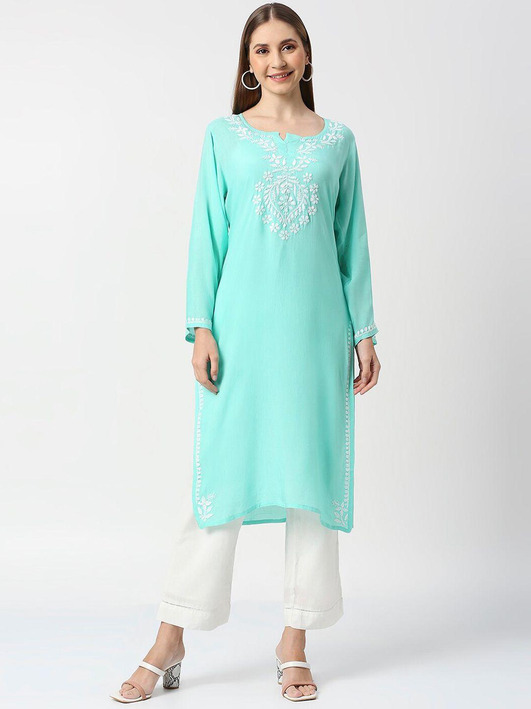 indiankala4u women sea green paisley embroidered chikankari kurta