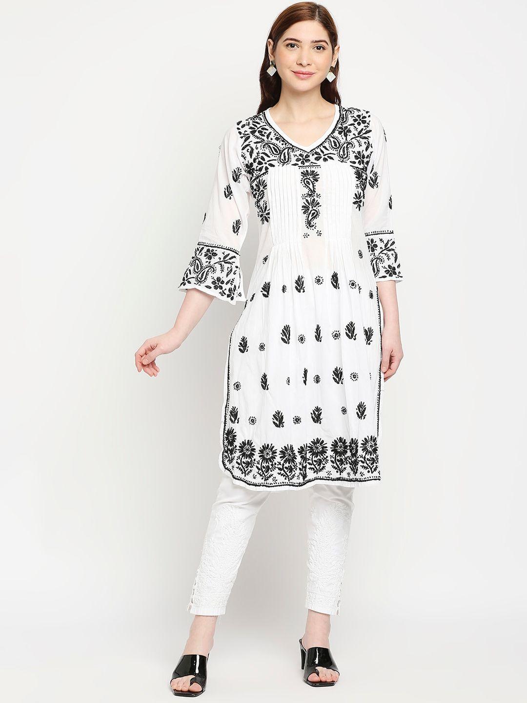 indiankala4u women white & black lucknow chikankari hand embroidered kurta