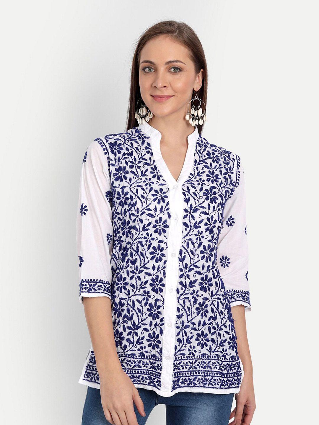 indiankala4u women white & blue floral embroidered mandarin collar top