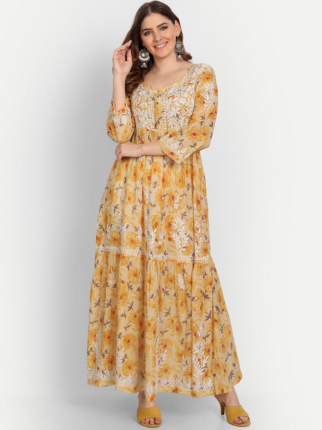 indiankala4u women yellow floral printed thread work anarkali kurta