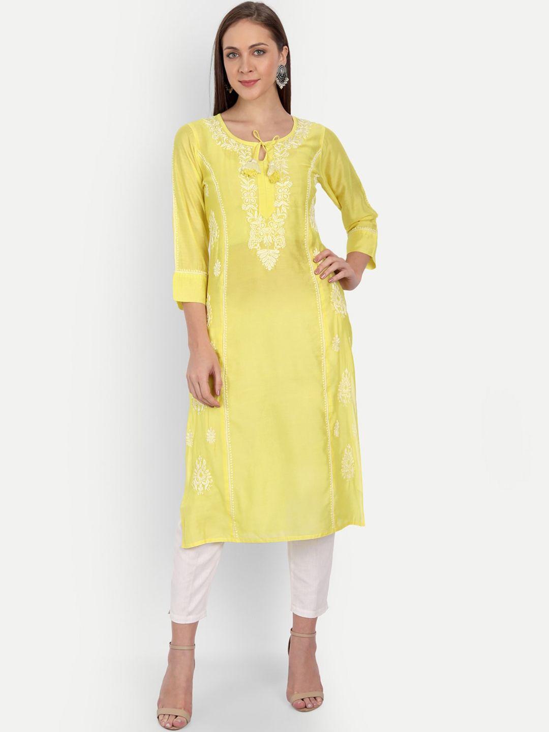 indiankala4u women yellow yoke design keyhole neck chanderi silk kurta