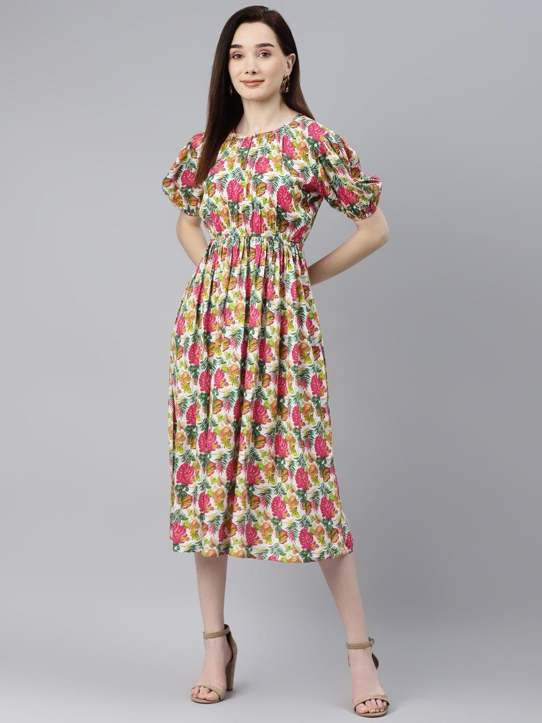 indibelle white & pink tropical printed puff sleeves midi dress