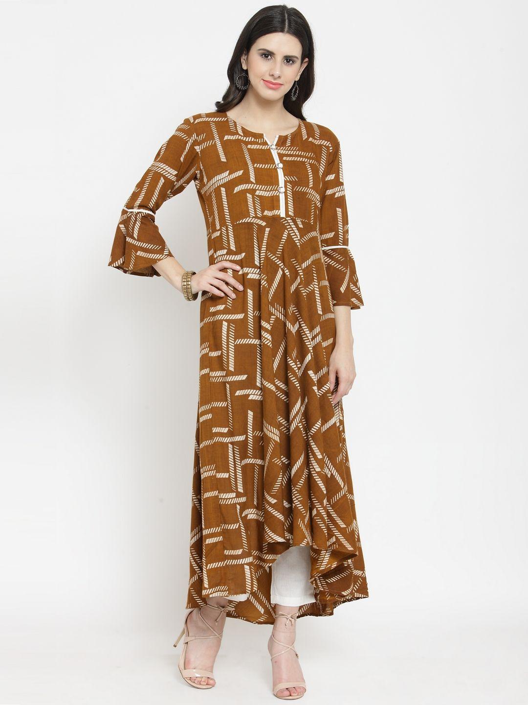 indibelle women camel brown & off-white printed a-line kurta