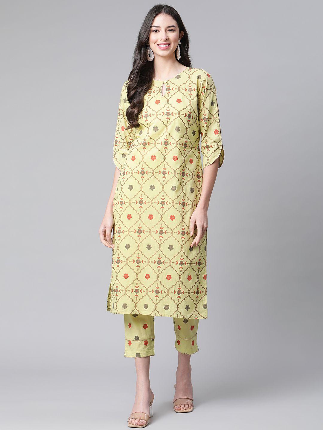 indibelle women lime green & orange pure cotton ethnic motifs printed straight kurta