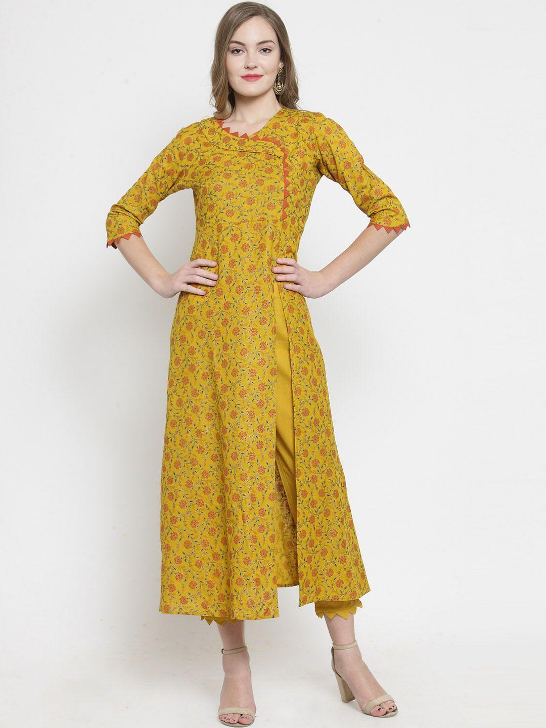 indibelle women mustard printed kurta with trousers