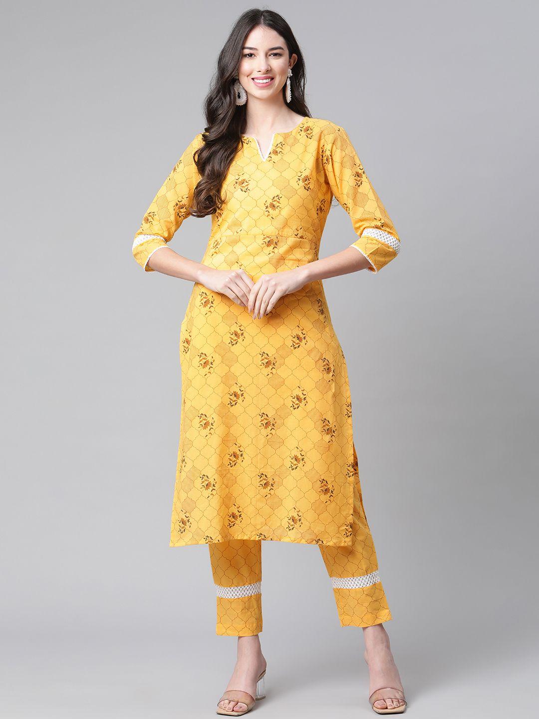 indibelle women mustard yellow & brown pure cotton floral & ethnic print straight kurta