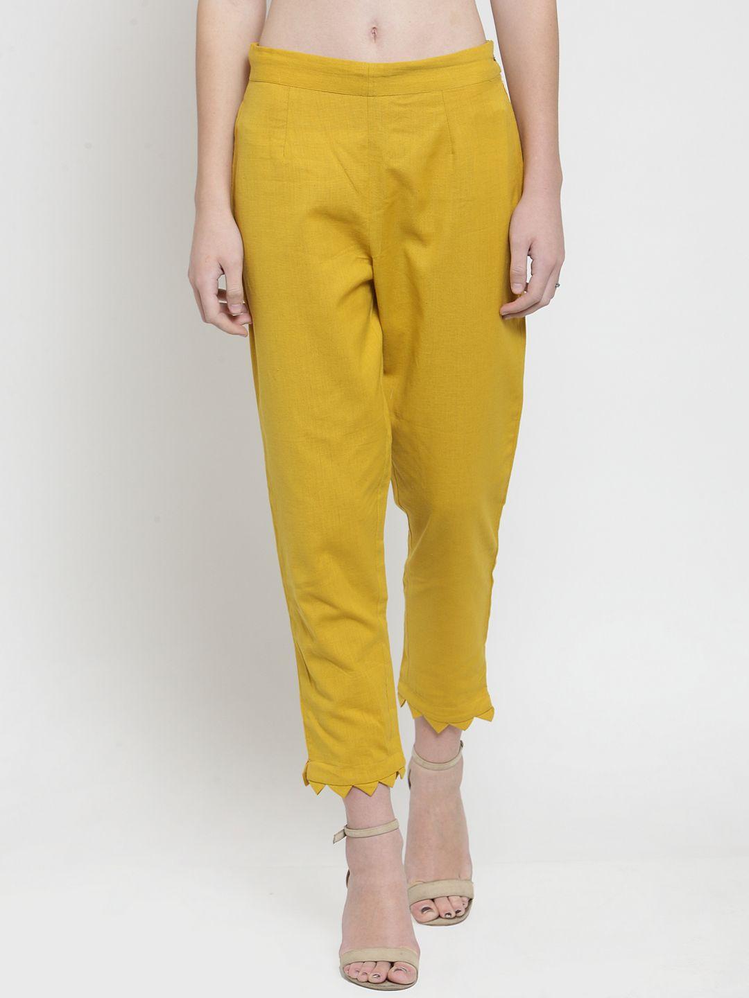 indibelle women mustard yellow smart regular fit solid regular trousers