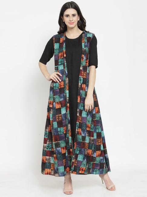 indibelle black & green printed a line double layered kurta