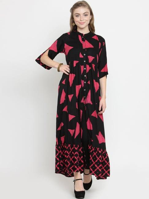 indibelle black & pink printed a line kurta