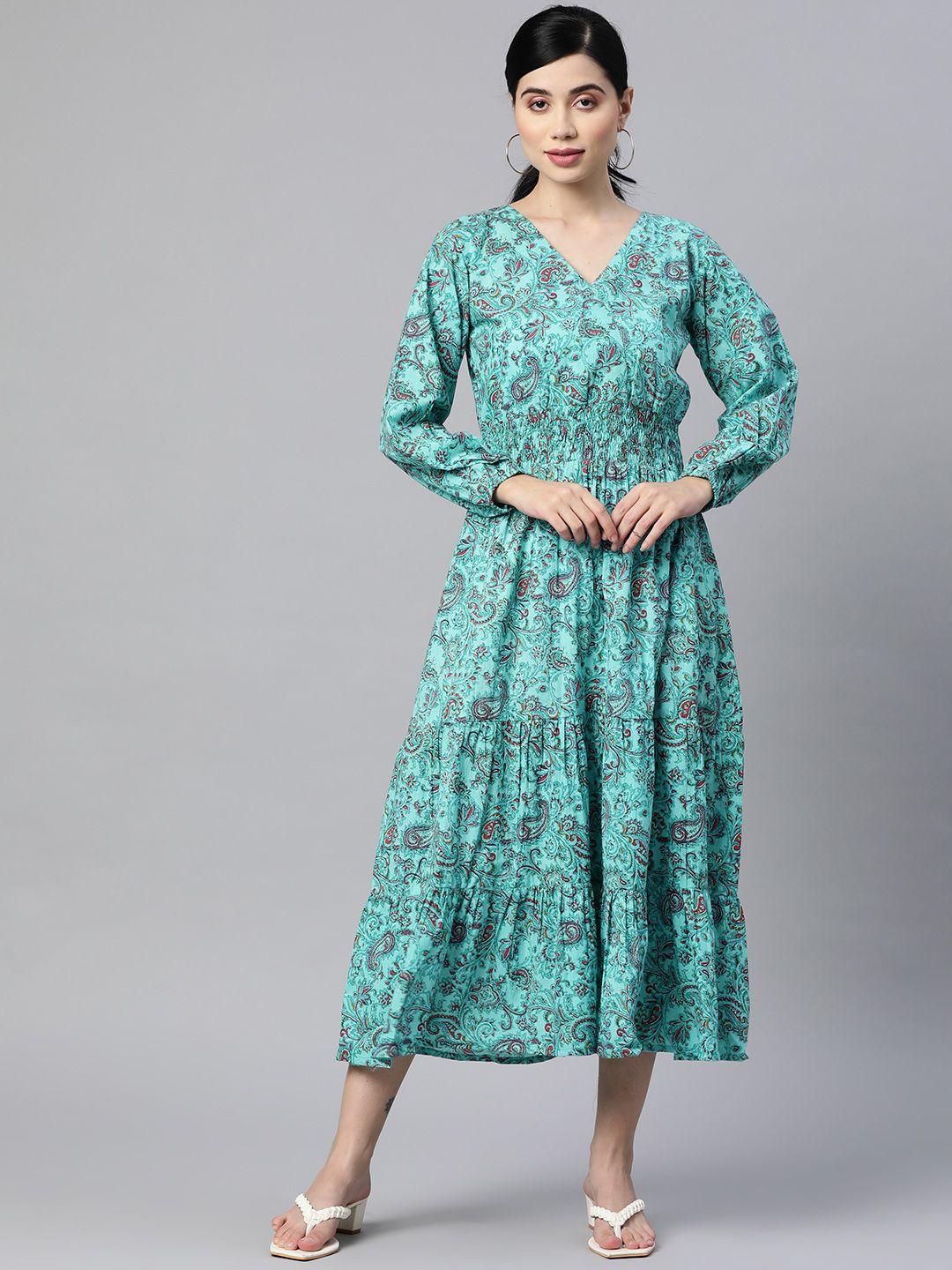 indibelle blue & maroon pure cotton paisley print maxi dress