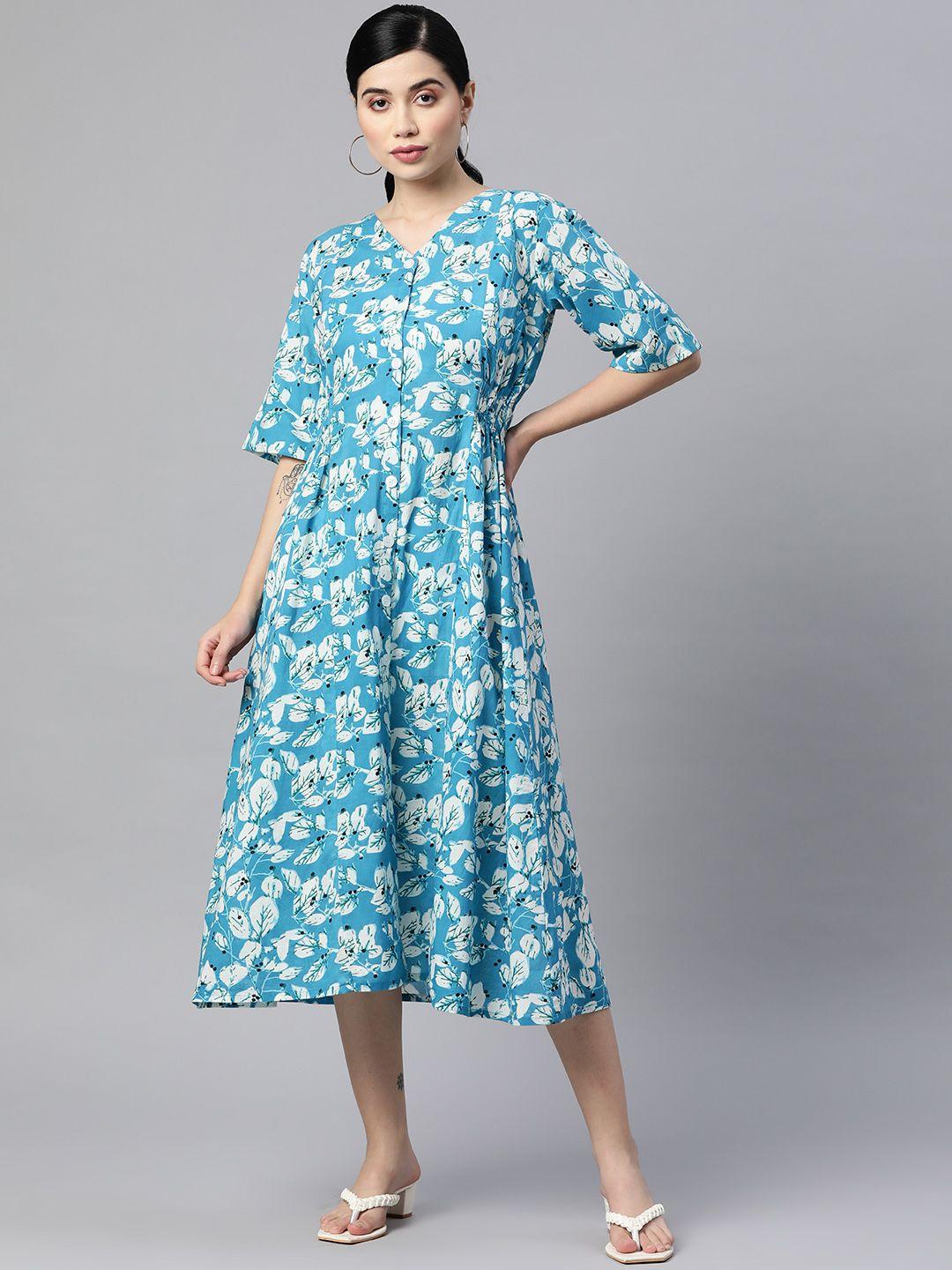 indibelle blue & white pure cotton floral a-line midi dress