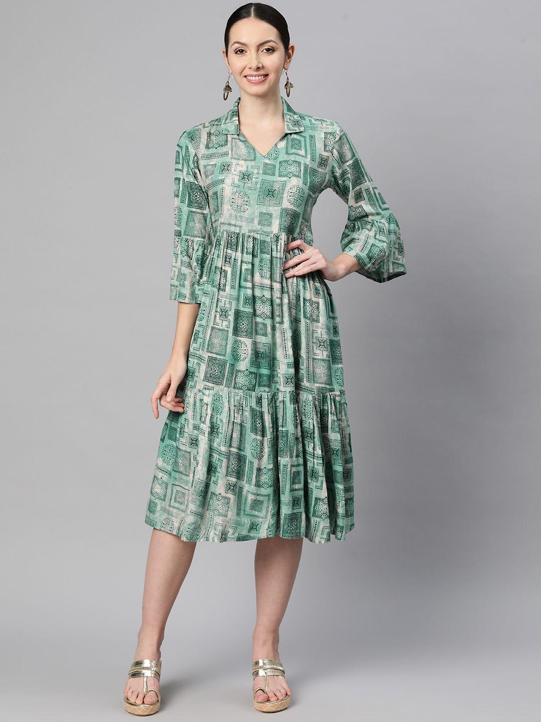 indibelle bohemian print bell sleeve a-line midi dress