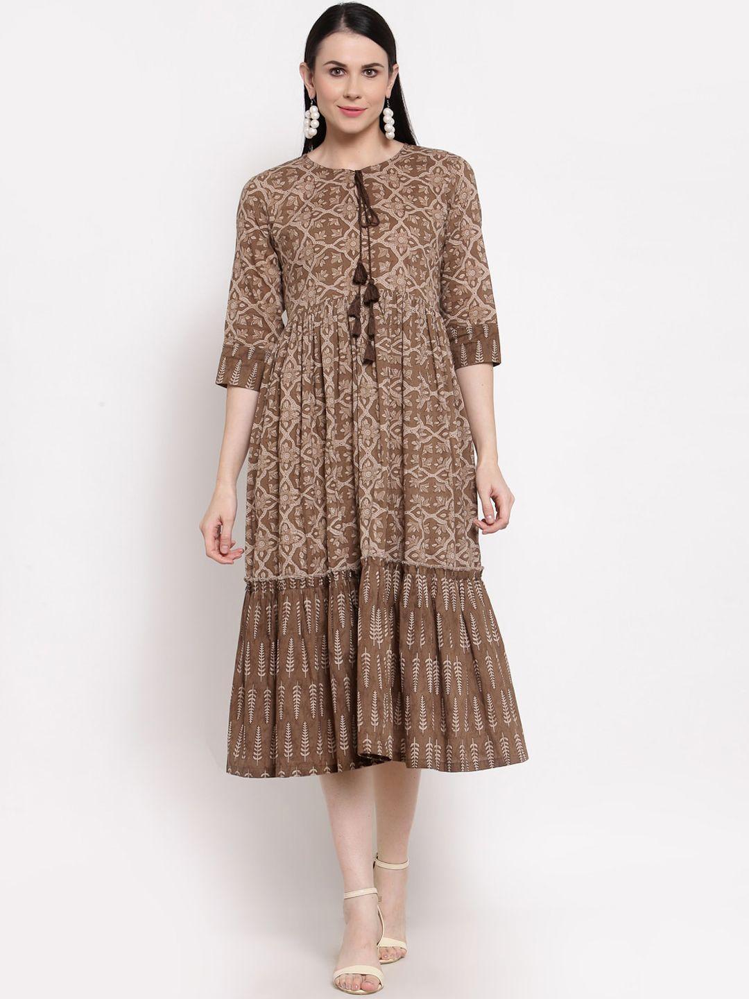 indibelle brown & beige ethnic motifs tie-up neck cotton ethnic a-line midi dress