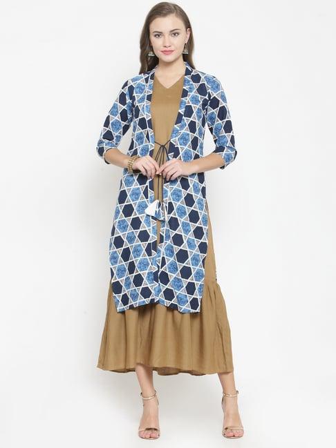 indibelle brown & blue printed a-line double layered dress