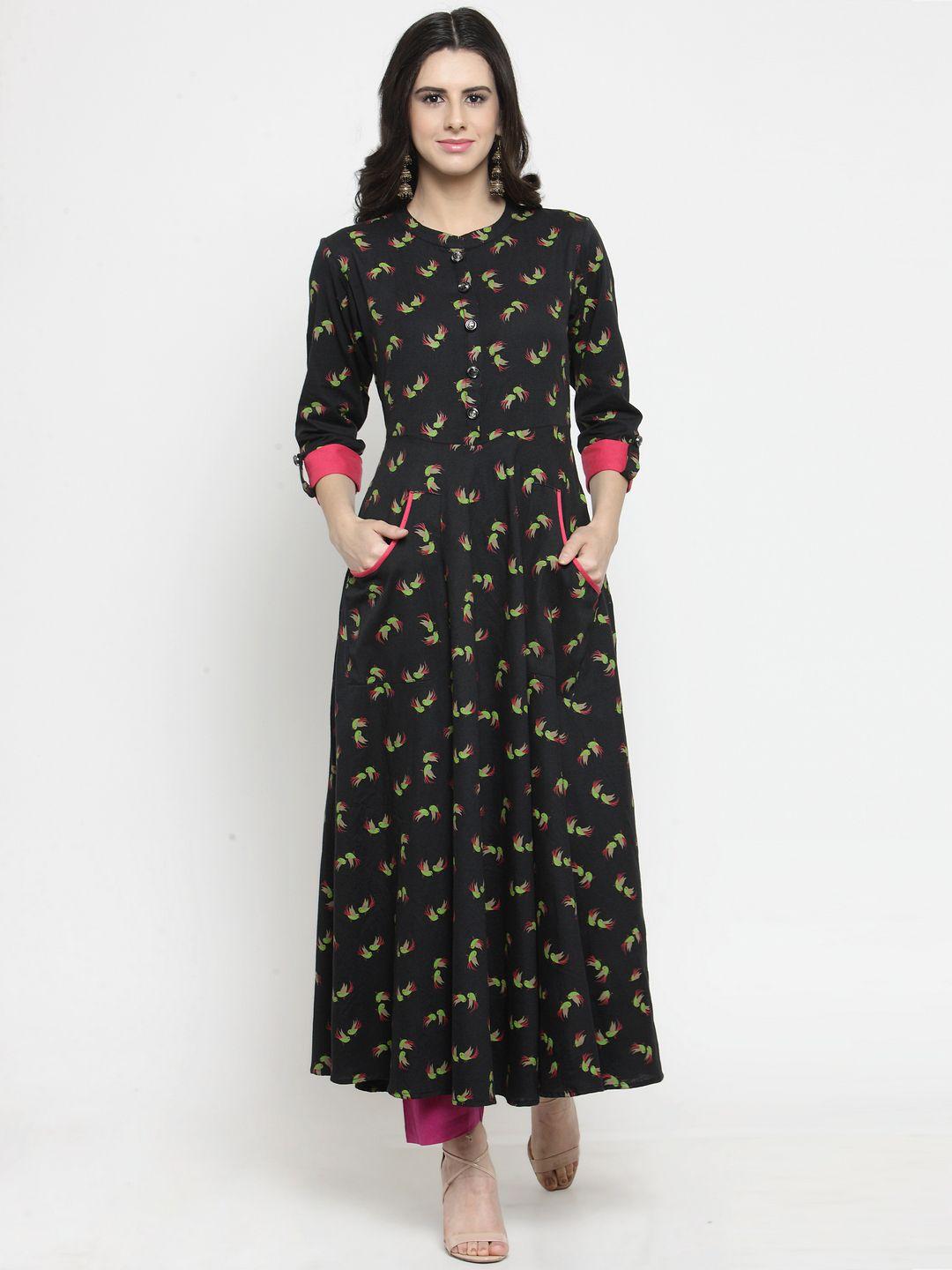 indibelle cotton black birds print long flared kurta