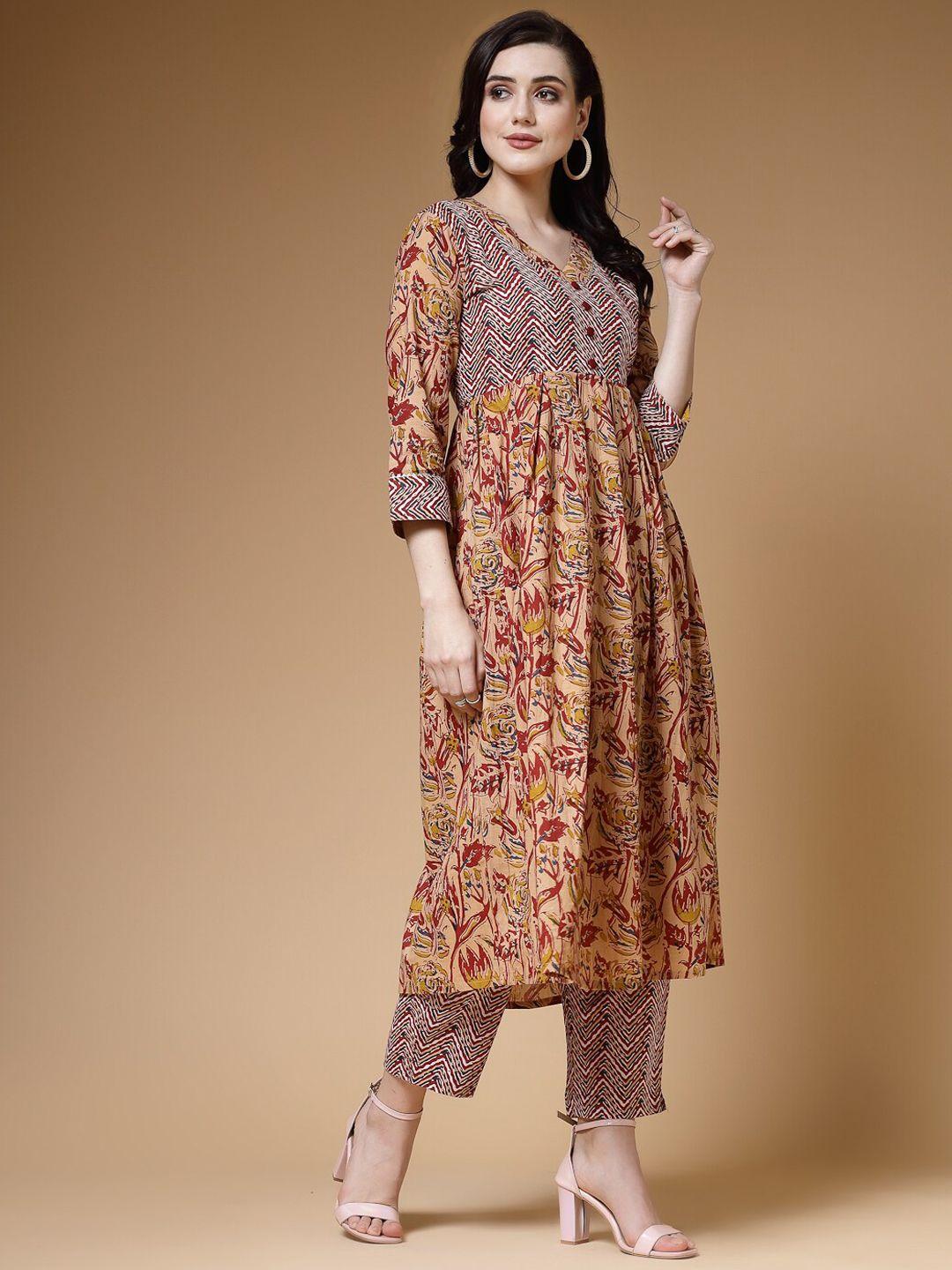 indibelle ethnic motif printed pleated pure cotton a-line kurta with trousers
