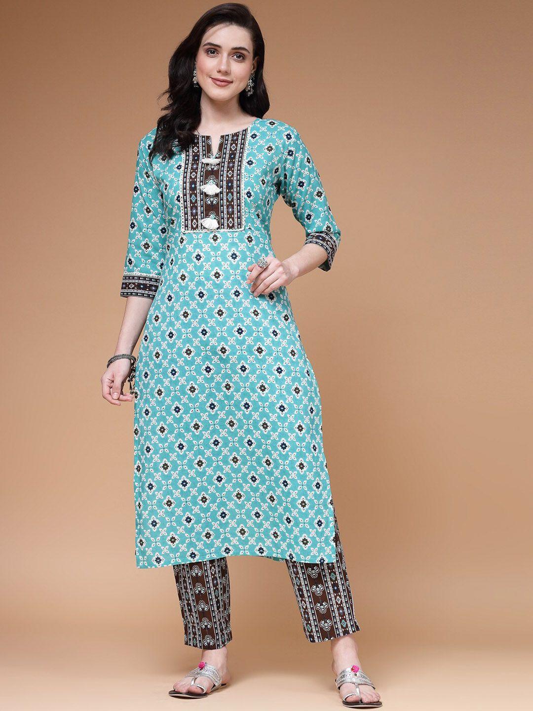 indibelle ethnic motif printed regular pure cotton straight kurta with trousers