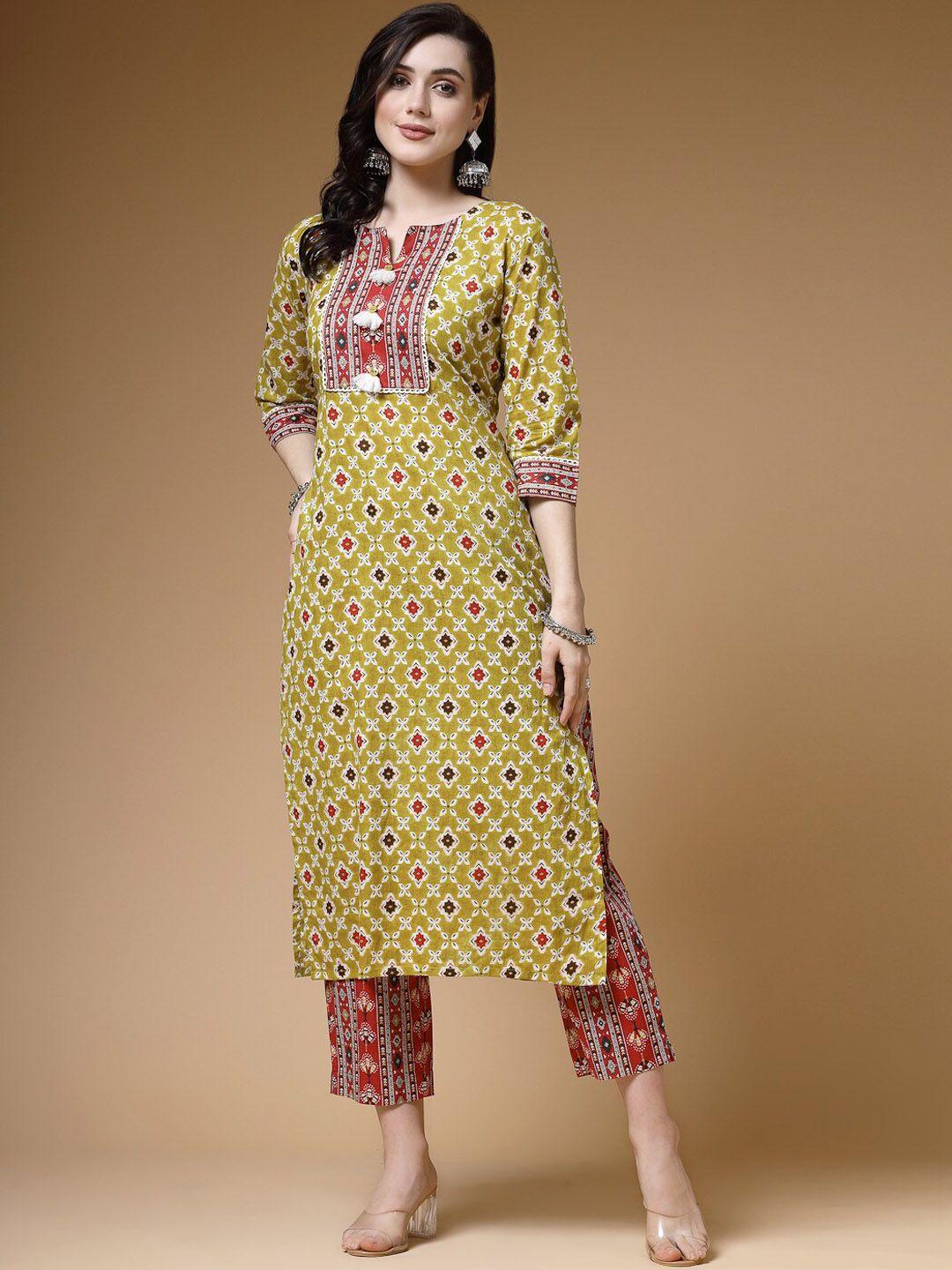 indibelle ethnic motif printed regular pure cotton straight kurta with trousers