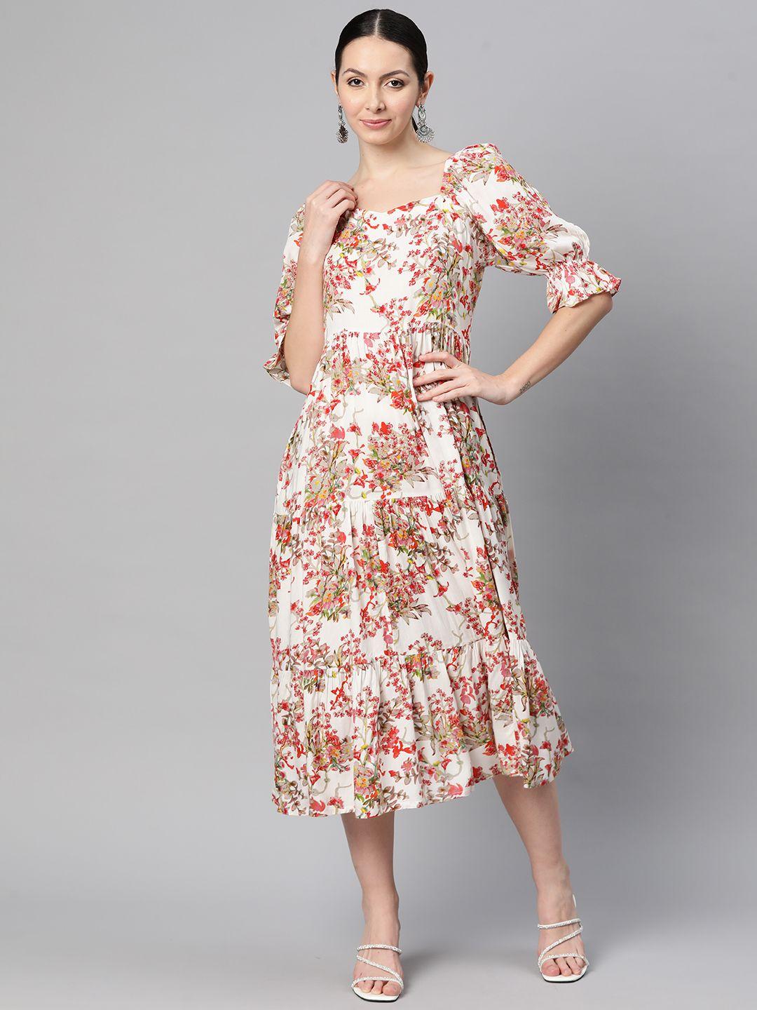 indibelle floral print puff sleeve a-line midi dress